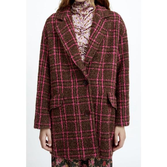 Zara Wool Blend Plaid Lapel Mid Length Over Coat Womens Size Large Pink Brown - Picture 1 of 6